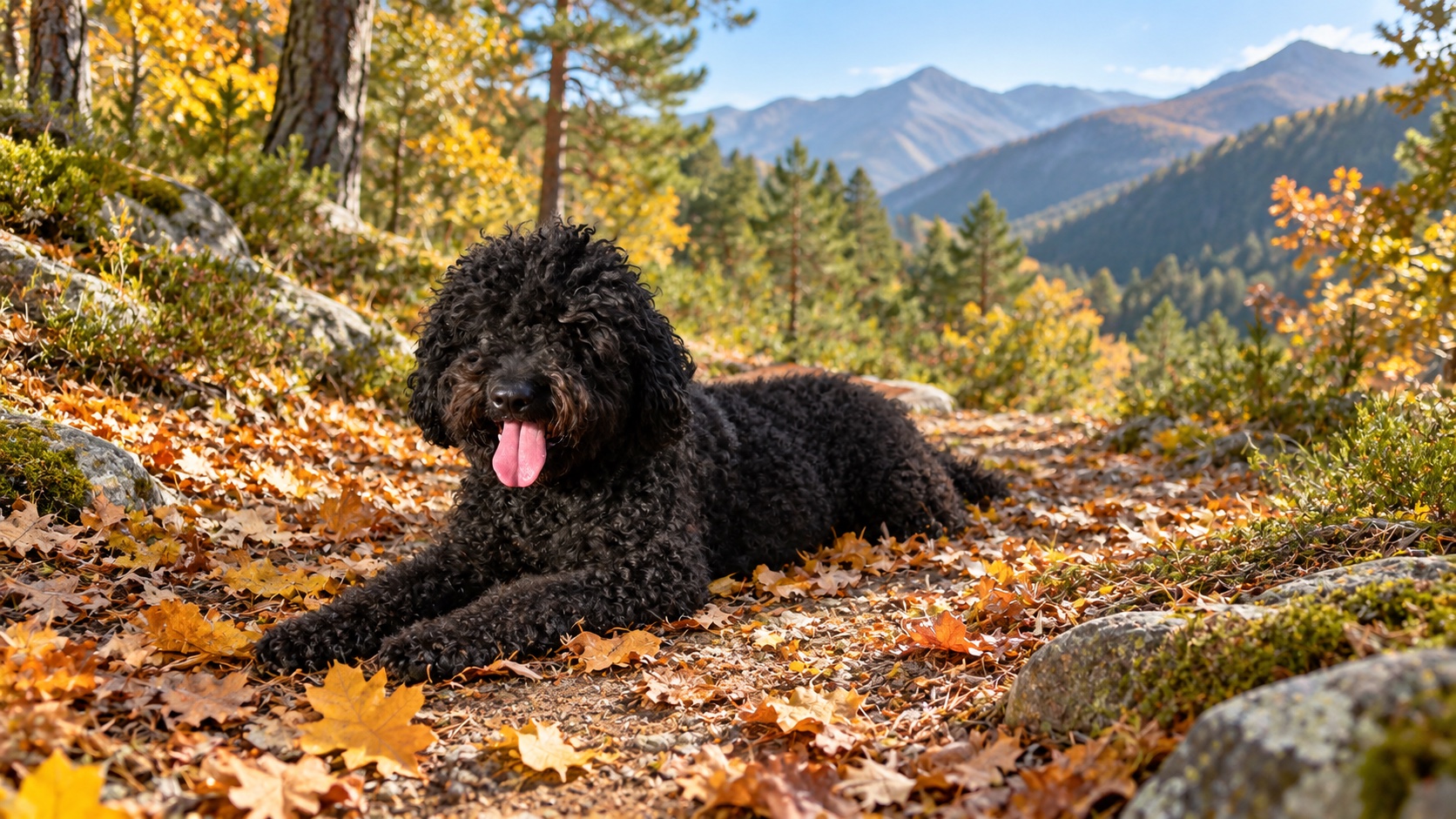 Nero descansando sin correa en un sendero de montaña en otoño