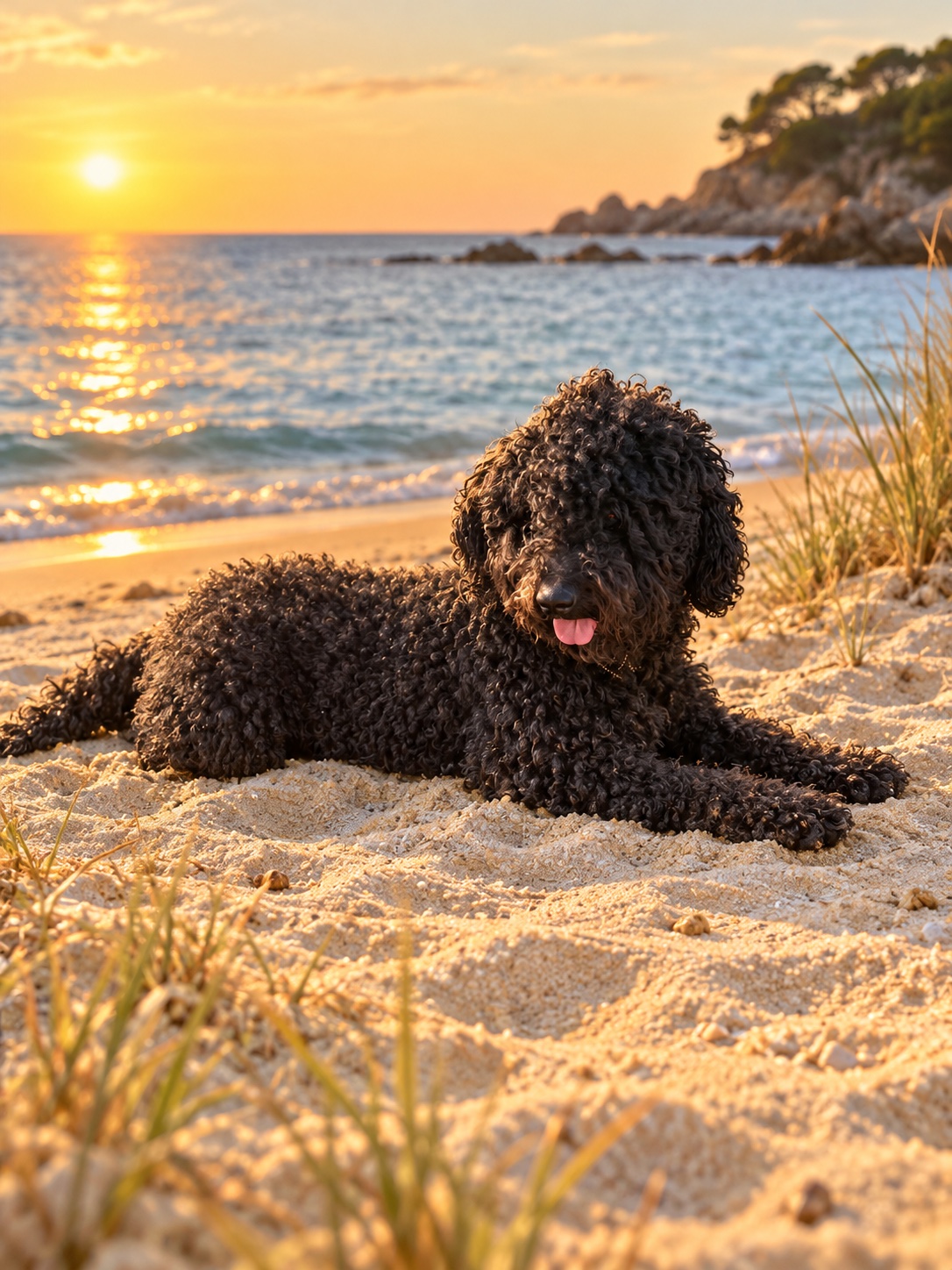 Nero descansando sin correa en una playa mediterránea al atardecer